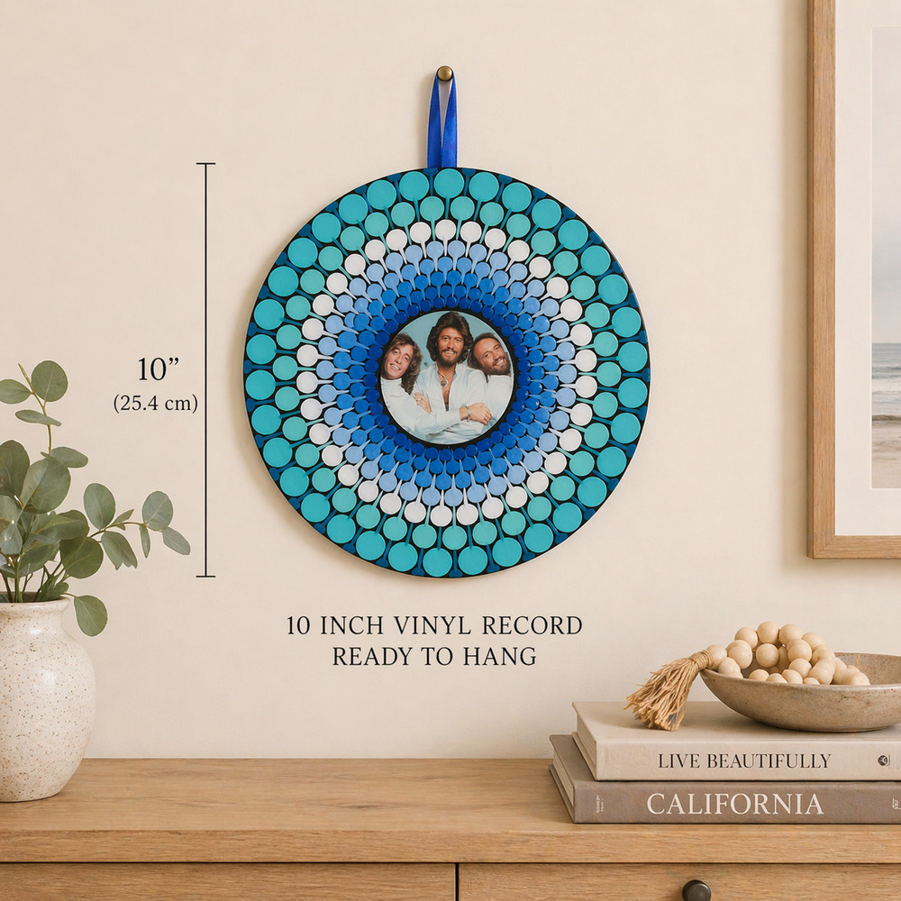 Bee Gees Hand Painted Vinyl Record Art 10” Mandala Wall Decor Blue Teal